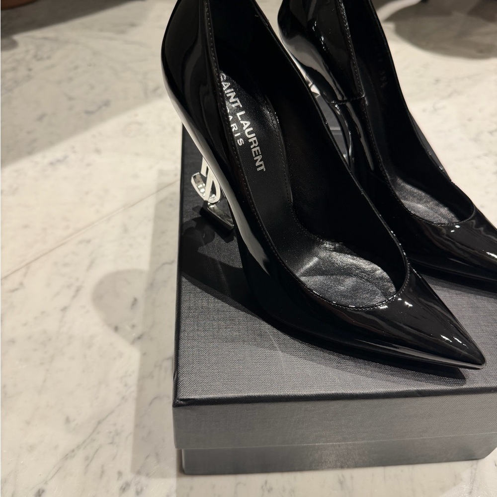 Saint Laurent Black Patent Pointed Toe Pumps with Metallic YSL Heel